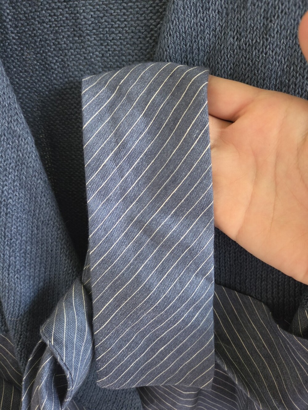 J.Jill Linen Blend Wrap Sweater Vest Small Blue Pinstripe Peplum Tied Waist Open - Picture 6 of 10